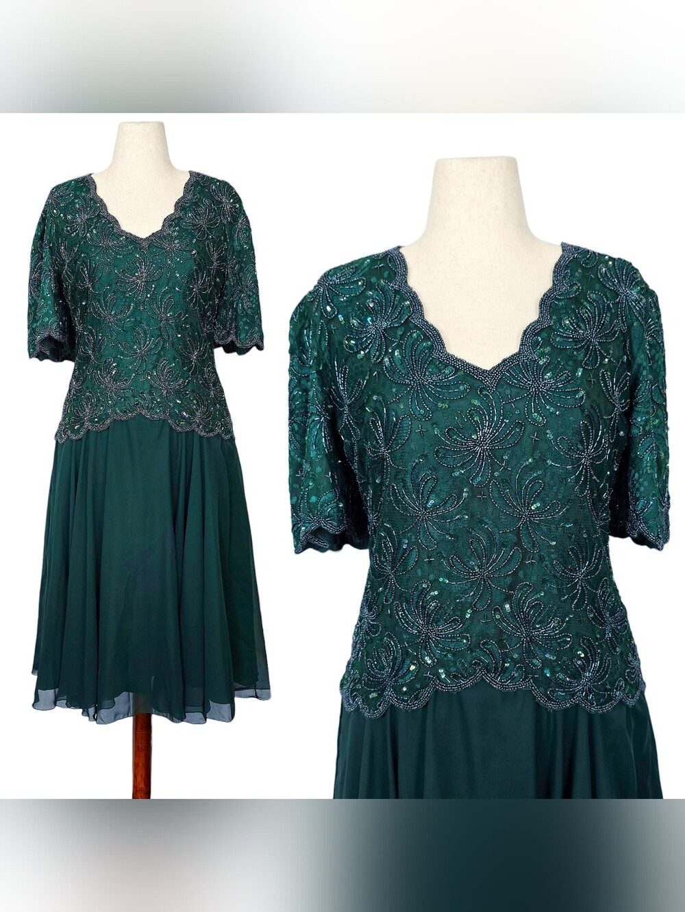 1980s Vintage Dress 80s Midi Forest Green Sequin Beaded Size M Medium Cocktail